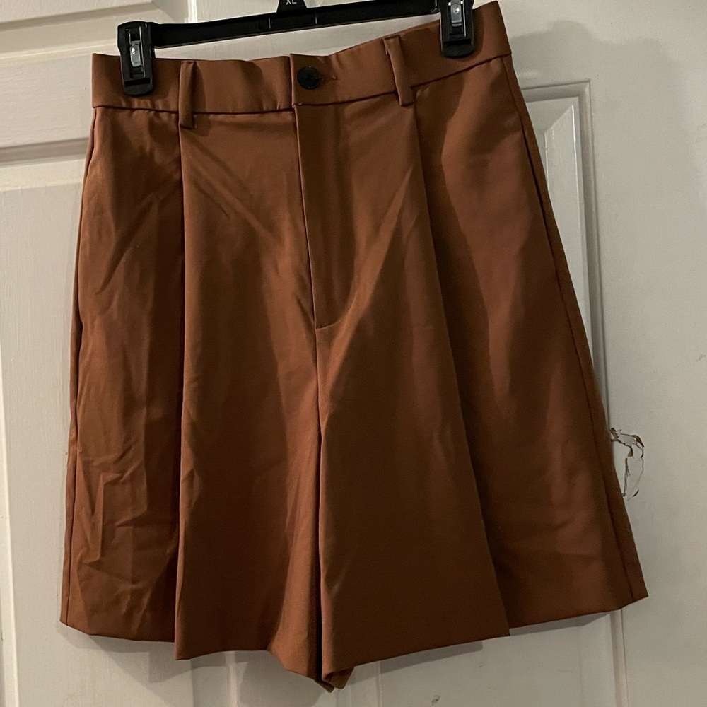 Zara Brown High-Waist Pleated Shorts